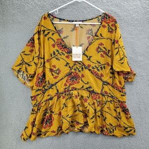 Knox Rose Women's Short Sleeve Embroidered Blouse Top Gold NWT